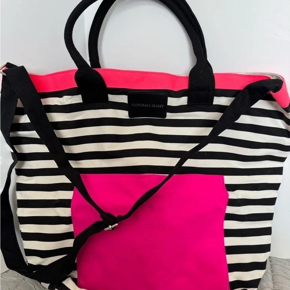 VICTORIA'S SECRET Striped Tote Bag Black White Pink Limited edition